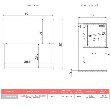 Meuble cuisine haut niche-four CLASSIK 60 cm 1 abattant blanc L.60 x P.35 x H.60 cm