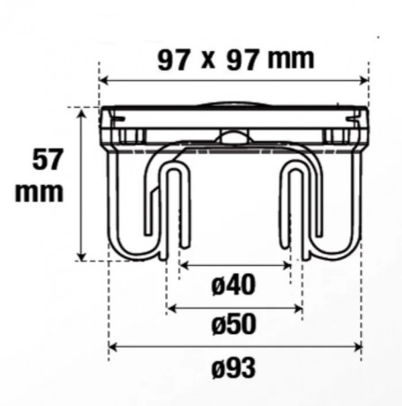 Sifone 97x97 mm con griglia in acciaio inossidabile, beccuccio Ø93/50/40 mm