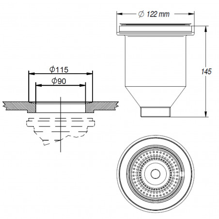 115 mm Edelstahl-Spültischablauf mit VEGETARIAN-Abfallsieb für 90 mm Bohrung