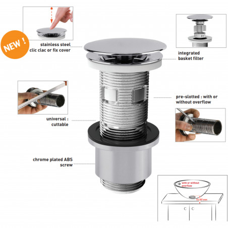 Bonde universelle chromée NF lavabo ou vasque, clapet digiclic ou fixe