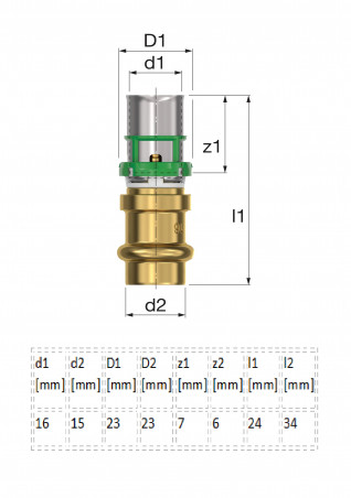 MultiSkin bridge fitting, copper press 15 mm, multilayer 16X2, 1 piece
