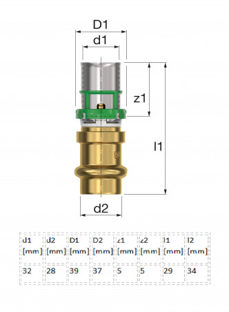 MultiSkin Gateway-Kupplung mit Pressanschluss Kupfer 28 mm, Mehrschichtverbund 32X3, 1 Stück