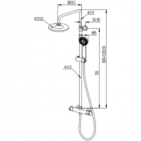 Shower column with thermostatic faucet, 20cm shower head and 3-spray hand shower.