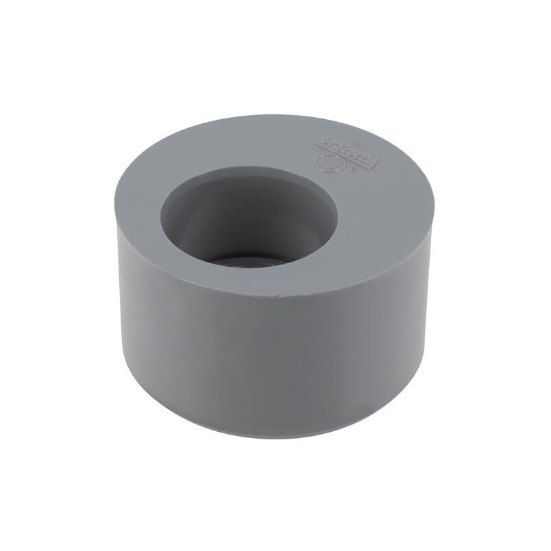 Eingebautes PVC-Reduzierstück, männlich 75mm, weiblich 40mm.