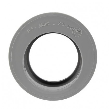 Ingebouwd verloopstuk van 75 mm mannelijk, 50 mm vrouwelijk.