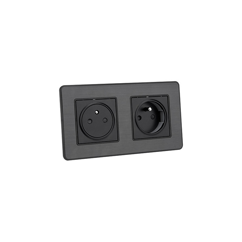 Prise double ZENITECH Kouro 2P+T 16A à éjection facilitée métal noir brossé Prise double ZENITECH Kouro 2P+T 16A à éjection facilitée métal noir brossé
