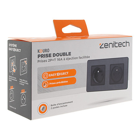 Prise double ZENITECH Kouro 2P+T 16A à éjection facilitée métal noir brossé