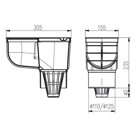 Récepteur d'eaux pluviales multifonction, évacuation Ø125