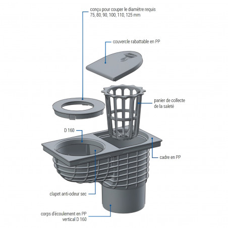 Récepteur d'eaux pluviales grande capacité, évacuation Ø160