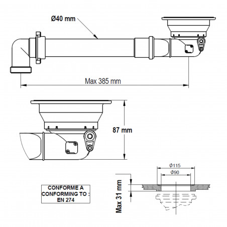 Bonde évier automatique à câble gain de place LIRA, nickel brilliant
