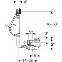 Vidage automatique de baignoire GEBERIT avec actionnement rotatif et arrivée d'eau, D: 52mm L: 28cm avec rallonge verticale