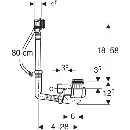 Desagüe automático de bañera GEBERIT con accionamiento rotativo y entrada de agua, D: 52mm L: 28cm con alargador vertical...