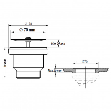 Válvula de desagüe para fregadero 60 mm salida 40x49, rejilla inox 70 MM LIRA 1911.180 - Imagen 3/4