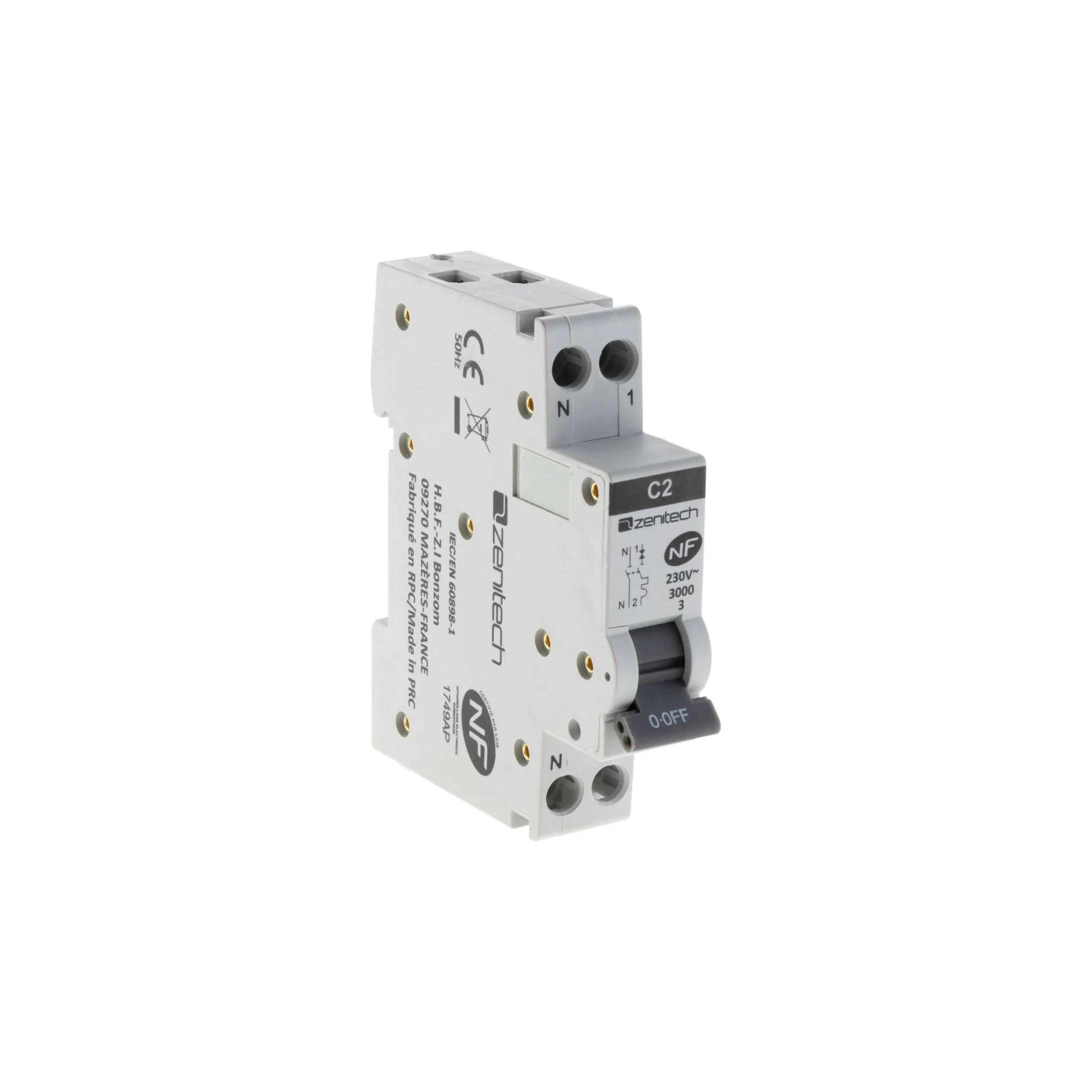 3KA CIRCUIT BREAKER PHASE/NEUTRAL 2 AMPERES - ZENITECH 150958