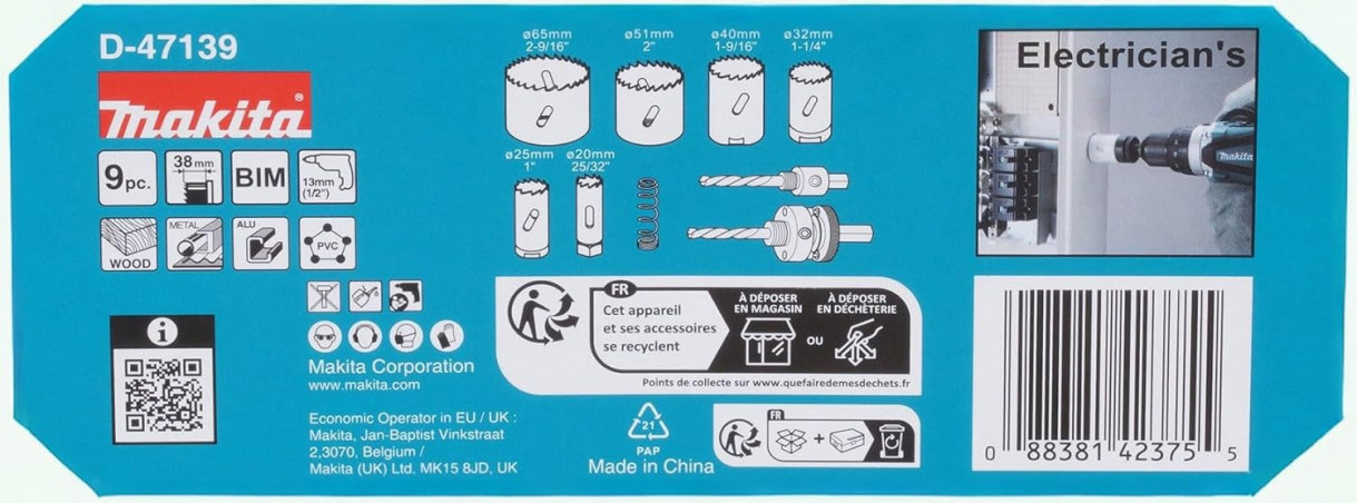 Coffret de 6 scies cloches bi-métal diamètre 20/25/32/40/51/65mm MAKITA avec portes outils D-47139 - Image 3/3