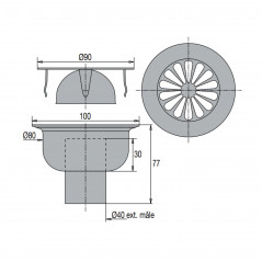 Sifón de suelo para ducha a ras de suelo salida vertical Ø40 mm, rejilla de inox, cuerpo de latón