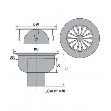 Sifón de suelo para ducha a ras de suelo salida vertical Ø40 mm, rejilla de inox, cuerpo de latón
