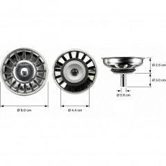 Removable stainless steel sink strainer basket diameter 80 mm, 16 holes