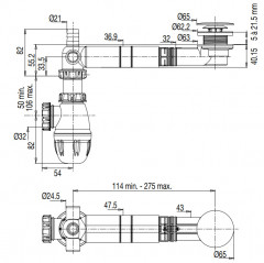 Afvoerplug en afvoer voor extra platte opzetwastafel, hoogte 34 mm