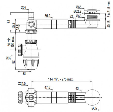 Afvoerplug en afvoer voor extra platte opzetwastafel, hoogte 34 mm