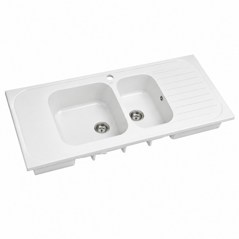 Lavello in ceramica 2 vasche da appoggio 140 x 60 Geberit Roanne con scolapiatti Lavello in ceramica 2 vasche da appoggio 140 x 60 Geberit Roanne con scolapiatti