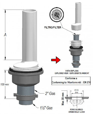 Bonde anti acide pour laboratoire chimique, diamètre 90 mm, tube 300 mm