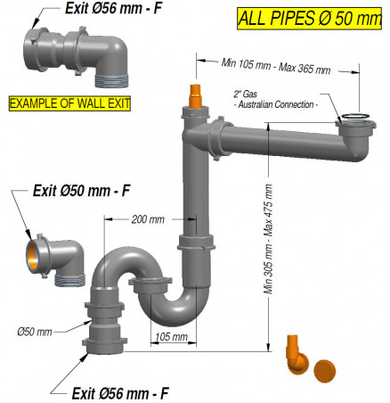Space-saving trap for collective sink 1 basin outlet Ø 50 floor and horizontal