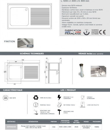 Professional stainless steel sink 120 x 60 one basin, one drainer on the right