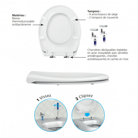 Abattant WC Esterel Premium ralenti fixation dessus thermodur blanc, entraxe 80 - 175 mm